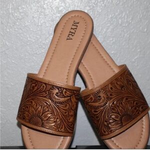 Myra Bag Floral Embossed Tan Sandals